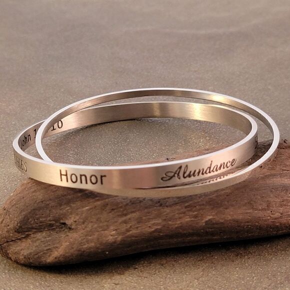 New Word Affirming Abundant Life Bracelet Silver Double Bangle Bracelet - Picture 3 of 9